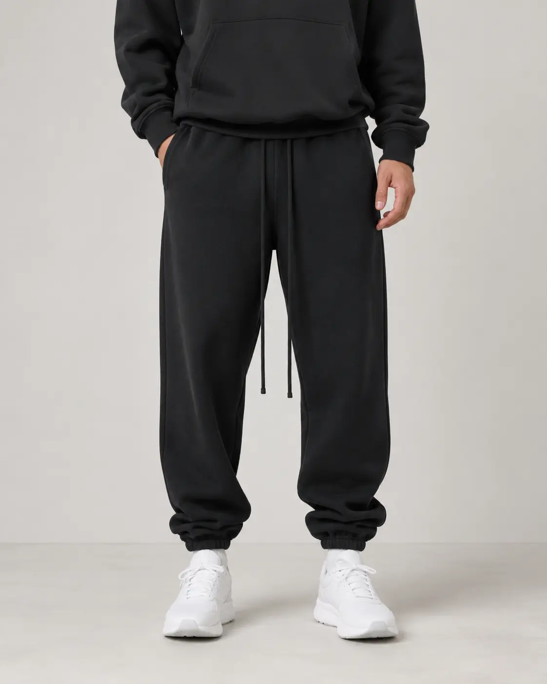 Men's All Black Sweatpants, Loose Drawstring Sweatpants Elastic Waist Cuffed Ankle Casual Streetwear Sports Trousers With Side Pockets