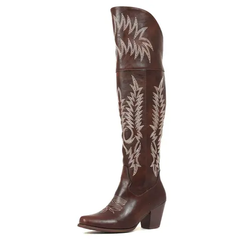 AOSPHIRAYLIAN Women's Over-the-Knee Cowboy Boots - Pointed Toe Chunky Heels, Side Zipper Footwear, Embroidered Cowboy Aesthetic, Quick On/Off Retro Vintage Tall Western Boots for Fall Evening Country Concert (Leather & Faux Leather Options)