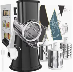 Hand-Cranked Rotary Cheese Grater for Shredding Fresh Cheese, Vegetables, And Nuts, Featuring a Non-Slip Suction Base And a Complimentary Cleaning Brush with Three Blades