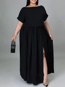 Chic Plus Size Black Flowy Maxi Dress - Boat Neck Design for Date Night and Brunch