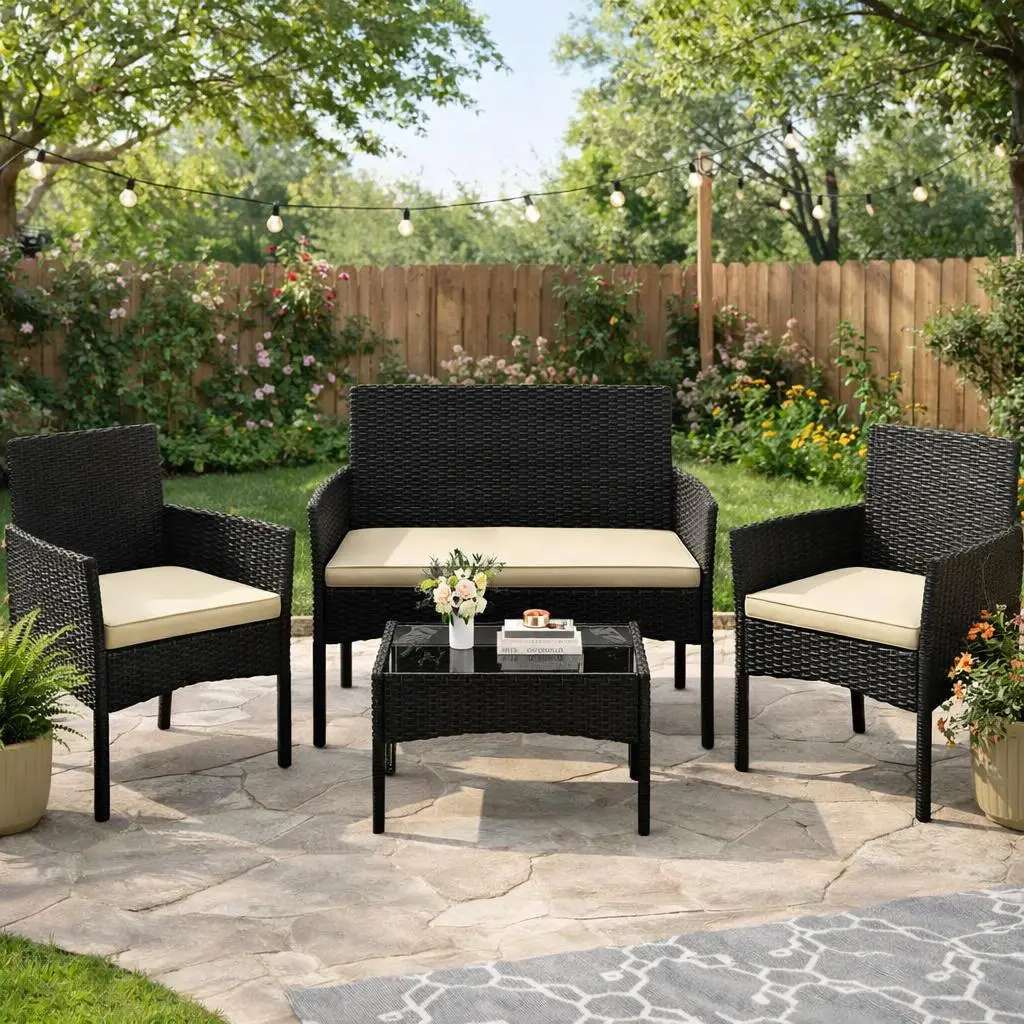 【Crazy Price】Yaheetech 4-Piece/3-Piece Patio Furniture Set Hand-Woven PE Rattan Conversation Set with Soft Cushions & Tempered Glass Table for Backyard Garden Poolside,home decor,camping essentials