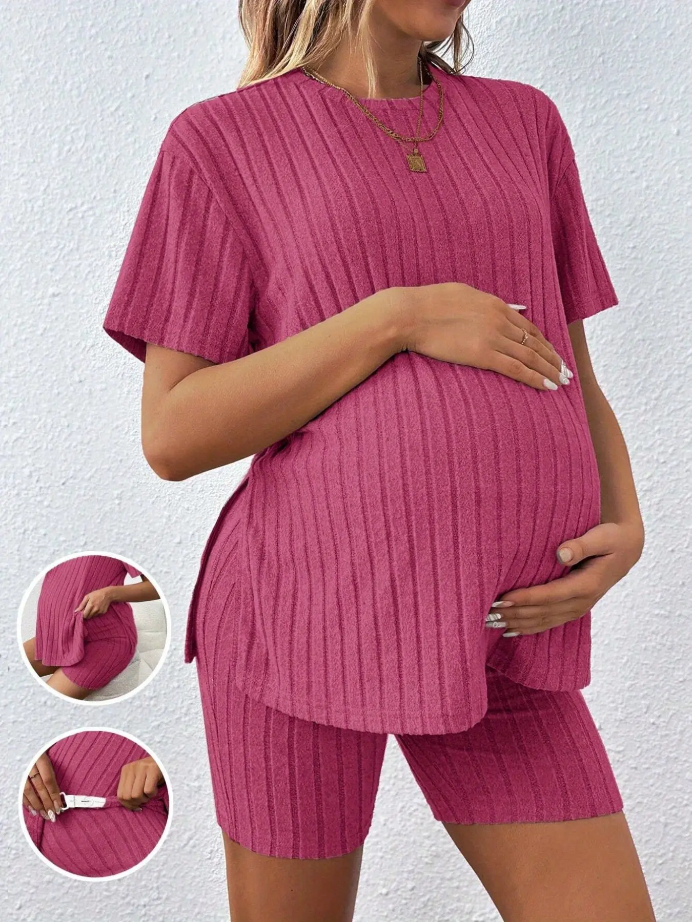 Maternity Two-Piece Set, Summer Comfortable Casual Versatile Loose Stretch Pink Maternity Suit, Summer Maternity Clothes, Maternity Sets