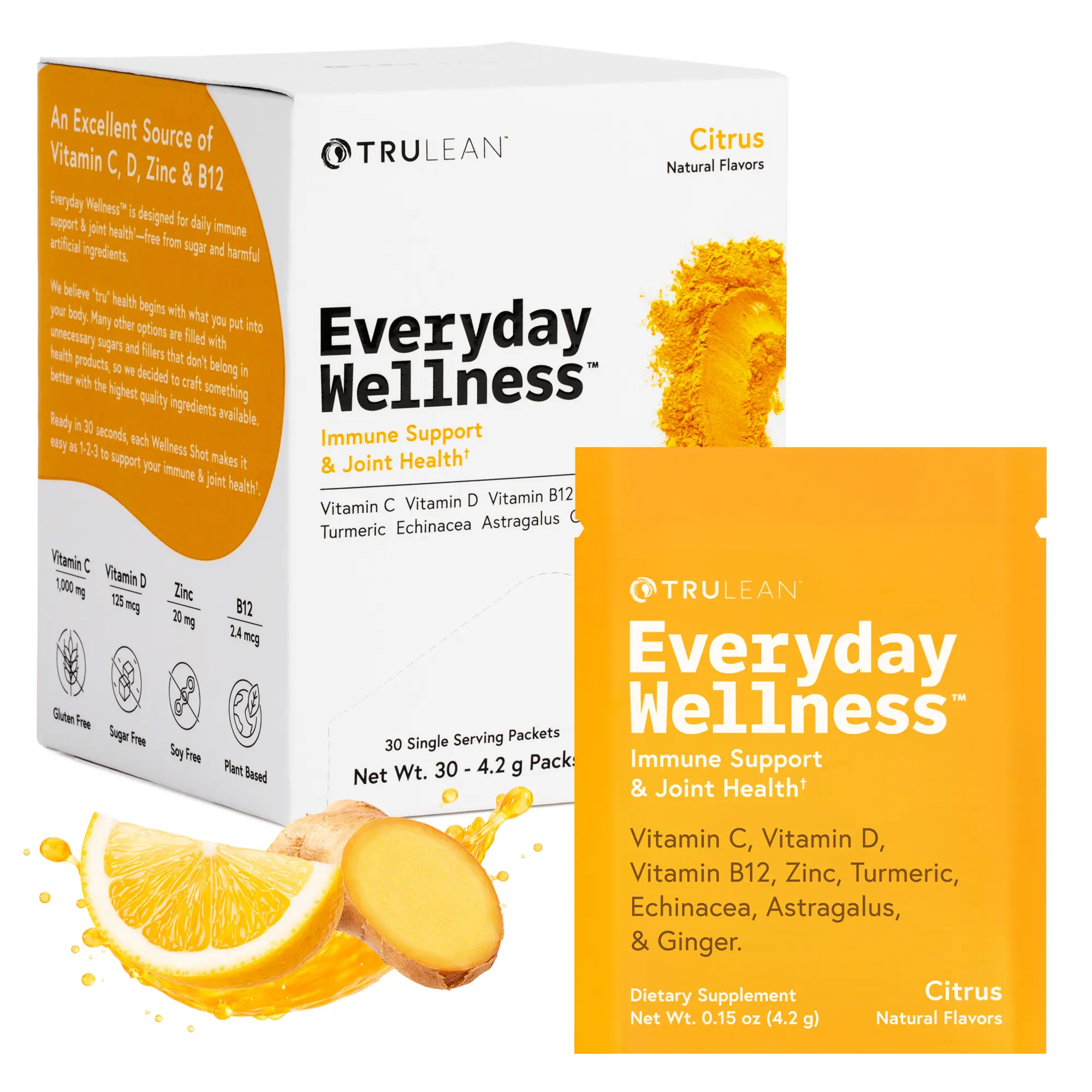 Trulean Everyday Wellness Shot Powder | Vitamin C & Electrolyte Drink Mix with Ginger & Turmeric | Daily Immune Support | 0 Sugar | 30 Citrus Ginger Packets