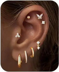 14K Gold Plated Flat Back Cartilage Earring Set – Hypoallergenic Earring Stacks for Women