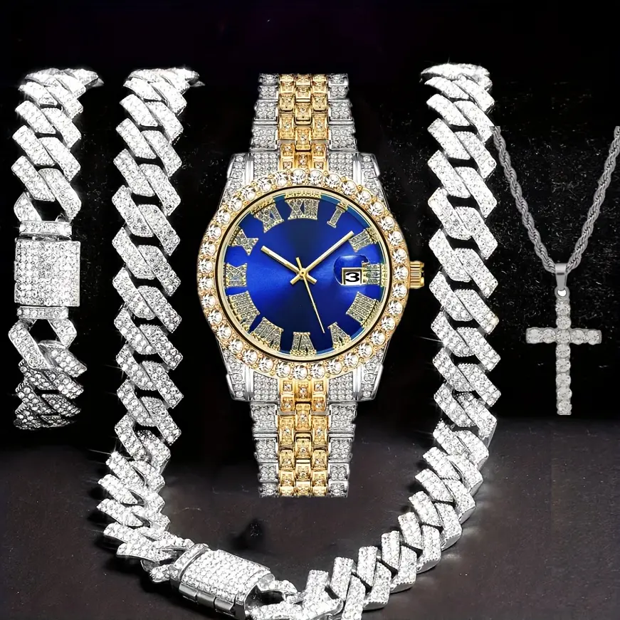 Men's 2-Tone Silver-Gold Hip Hop Jewelry & Watch Set - Full Diamond Cuban Link Chain, Cross Pendant, Bracelet, Luxury Blue Dial Watch, Birthday Gift Ideas for Street Style Enthusiasts