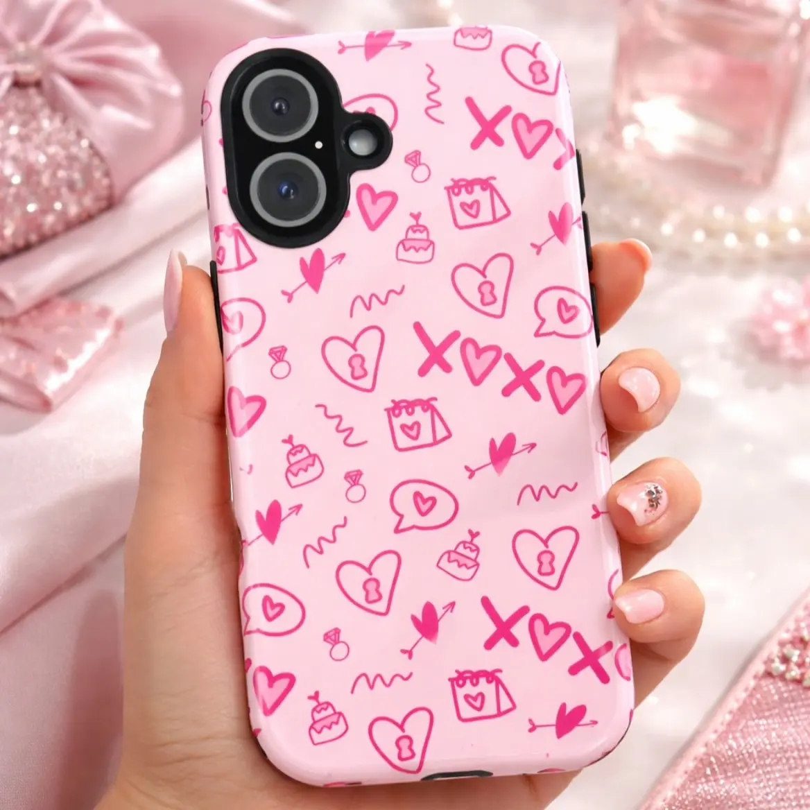 Valentine Doodle Hearts Tough Phone Case | Pink XOXO Pattern