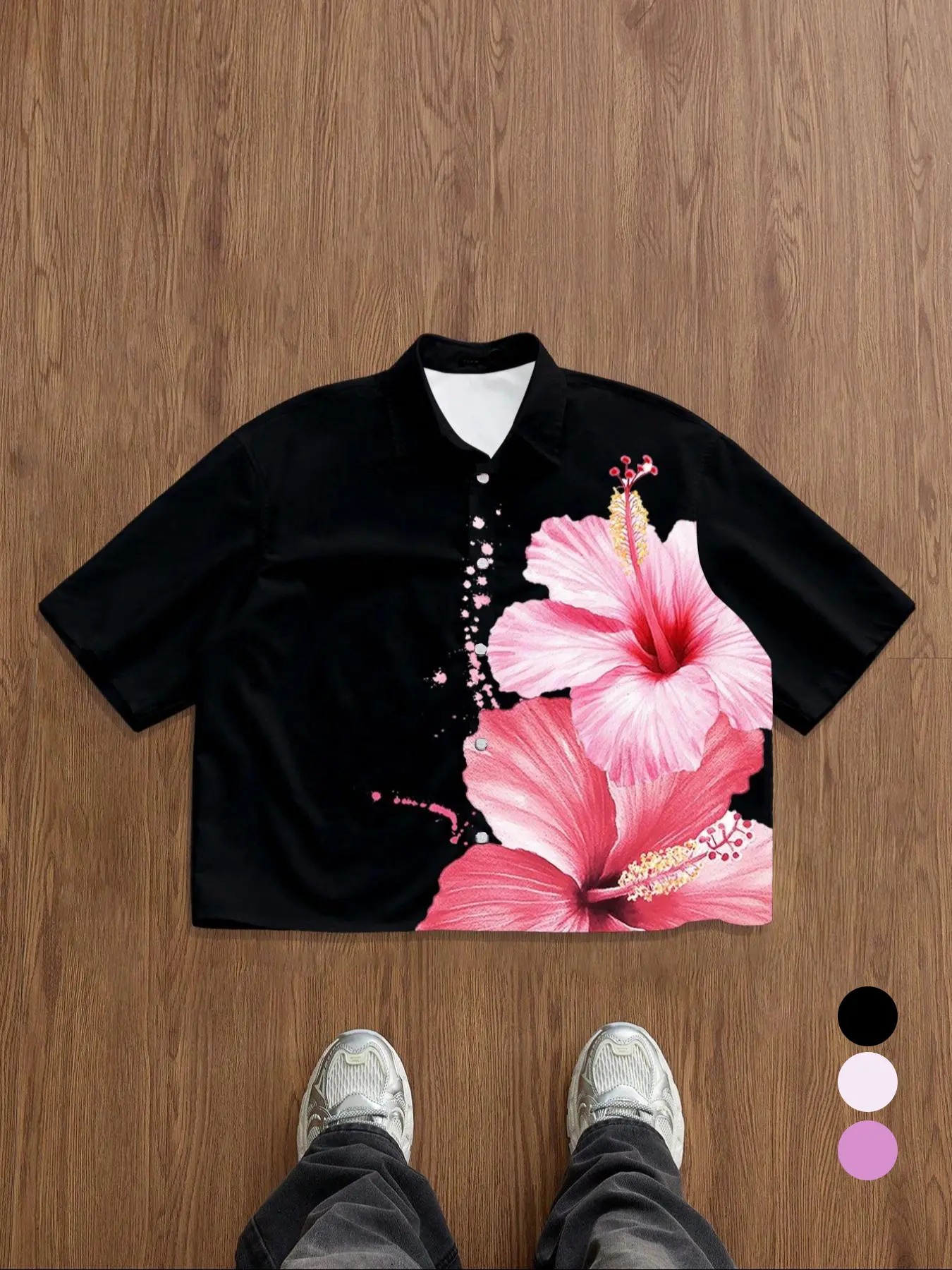 Men's Short Sleeve Shirt with Floral Lotus Flower Print, Button Down Front Collar Design, Regular Fit Summer Classic Style Tropical Casual Wear, Menswear, Fitted