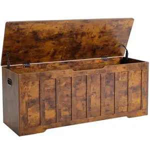 47.2" Extra Large Storage Bench with Safety Hinges, Wooden Storage Chest for Entryway, Shoe Bench with Hidden Storage, End of Bed Storage Bench for Bedroom, Living Room, Rust Brown/Greige