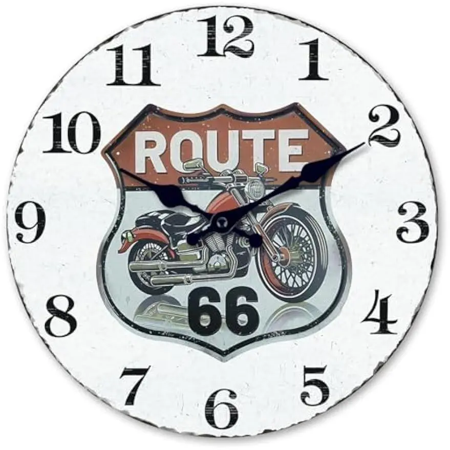 12inch Wood Garage Clocks for Men | Motorcycle Retro Route 66 Decorative Wall Decor for Home Garage Man Cave Bedroom Silent Wall Clock for Bedroom