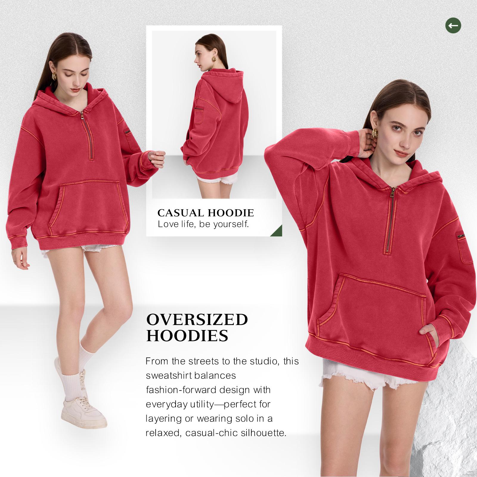 FAIABLE Oversized Hoodie for Women Vintage Acid Washed Heavyweight Fleece Half Zip Pullover with Kangaroo Pocket & Earbud Sleeve Pocket Casual Aesthetic Streetwear Style essential hoodies comfort hoodies zip hoodie