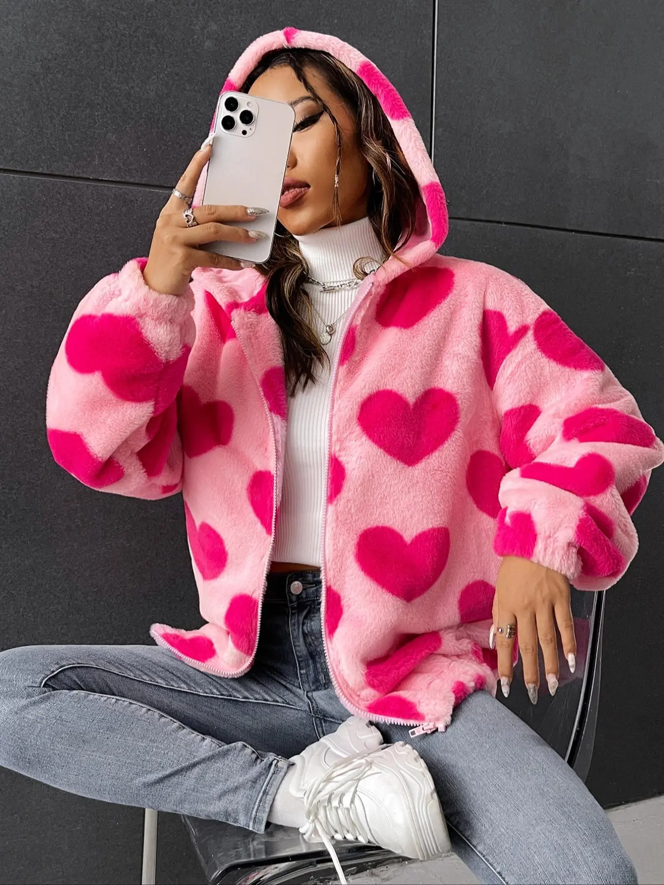 Unisex's Heart Print Drop Shoulder Zip Up Soft Flannel Oversized Hooded Jacket, Casual Hoodie Jacket, Fashion Casual Long Sleeve Thermal Lined Hooded Outerwear for Daily Outdoor Wear, Unisex's Clothing for Fall & Winter, Womenswear
