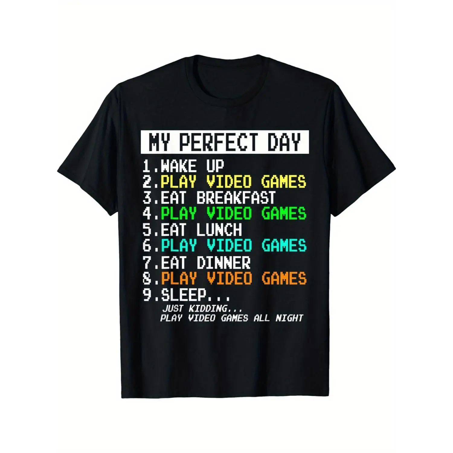 Men's Casual Cotton Short Sleeve Shirt - "My Ideal Day: Rise And Enjoy Video Games" Graphic Top, Letter Print, Breathable Fabric, Bright Print, Double Pleats, Slender Fit, All Seasons, Cold Wash, Cuffs