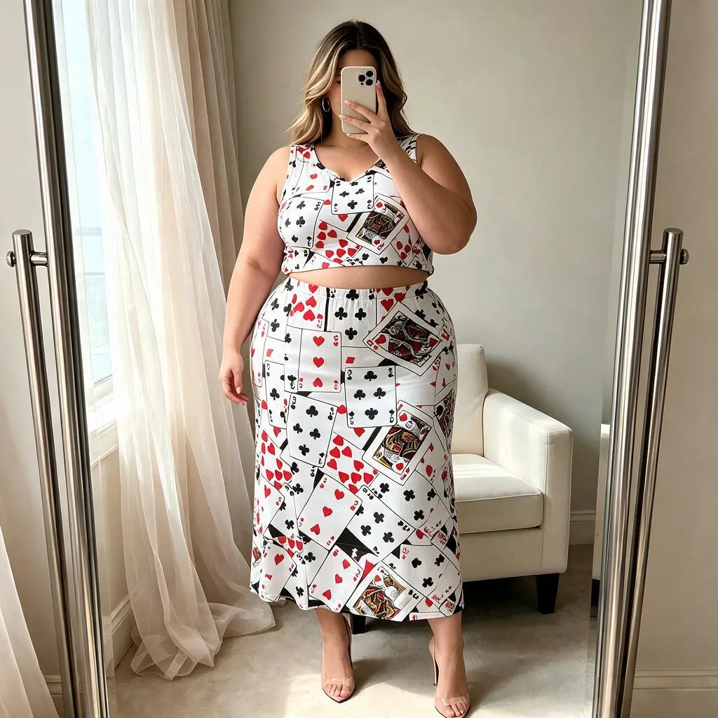 Plus Size Casino Card Print 2 Piece Set for Women – Sexy Bodycon Matching Outfit, Curvy Y2K Clubwear, Vegas Party & Vacation Look