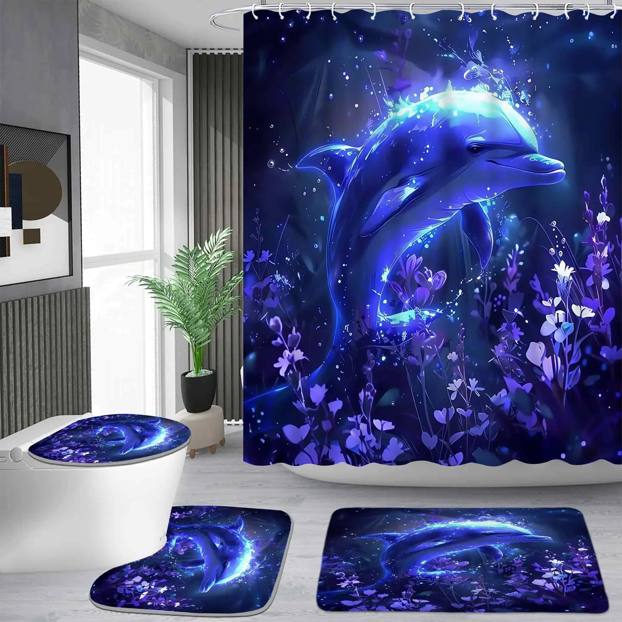 Luminous deep-sea dolphin pattern shower curtain set, waterproof shower curtain with 12 hooks, non-slip bathroom carpet, toilet U-shaped cushion, toilet seat cover cushion, bathroom shower curtain set, perfect moving gift.