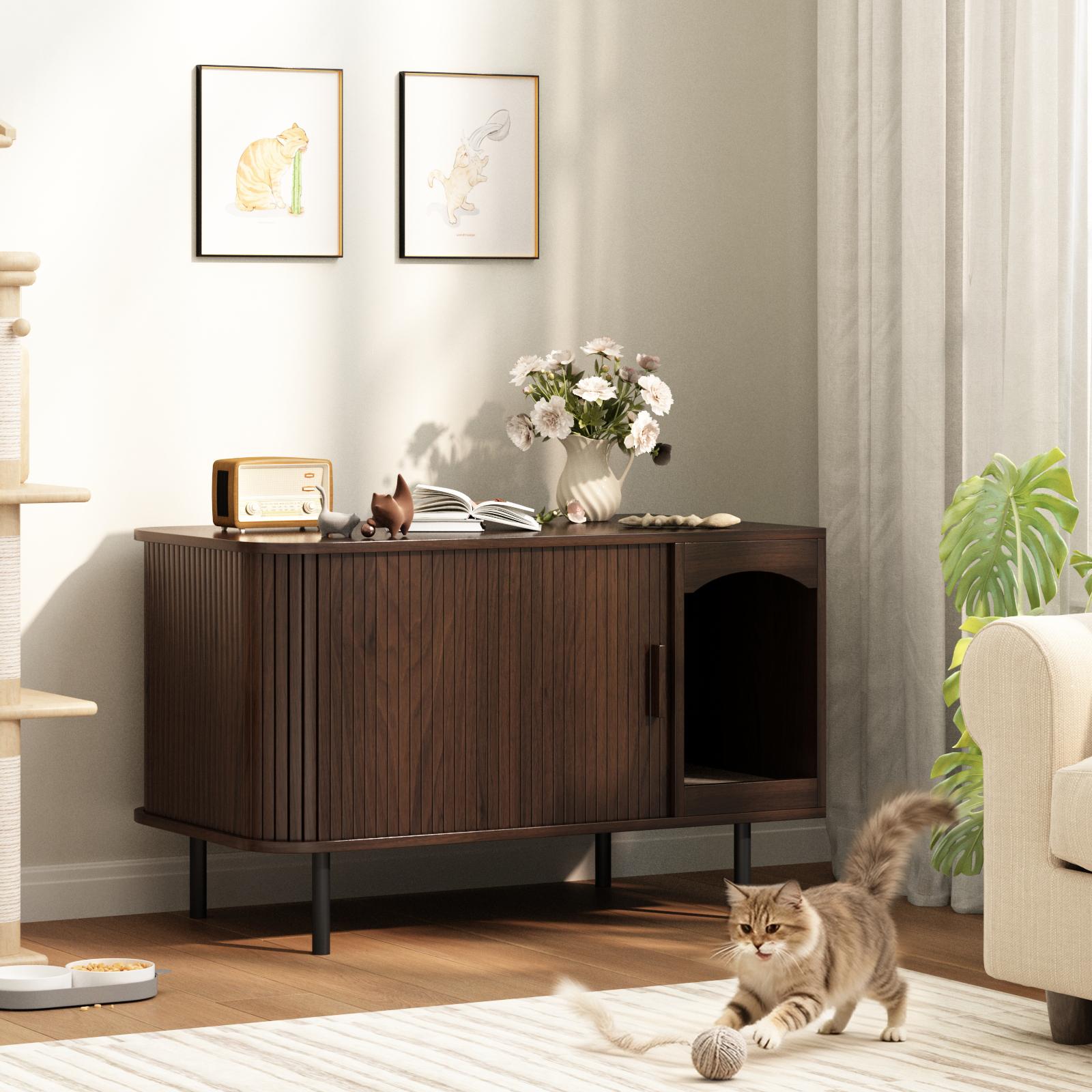 Fluted Hidden Cat Litter Box Enclosure – Modern Wood Furniture with Scratching Pad, Large Indoor Cat House Cabinet Side/End Table for Living Room & Entryway