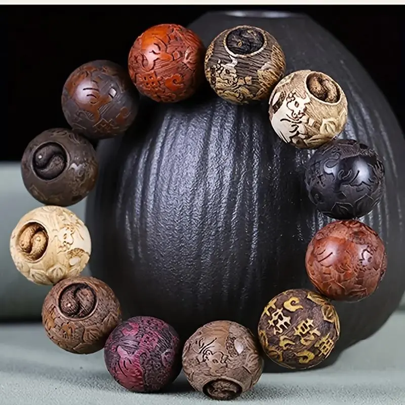 12 Beads Unisex Wooden Character Beads Bracelet | Elegant Hand-Carved No Plating Good Luck Wealth Bracelet - Gift for Men And Women