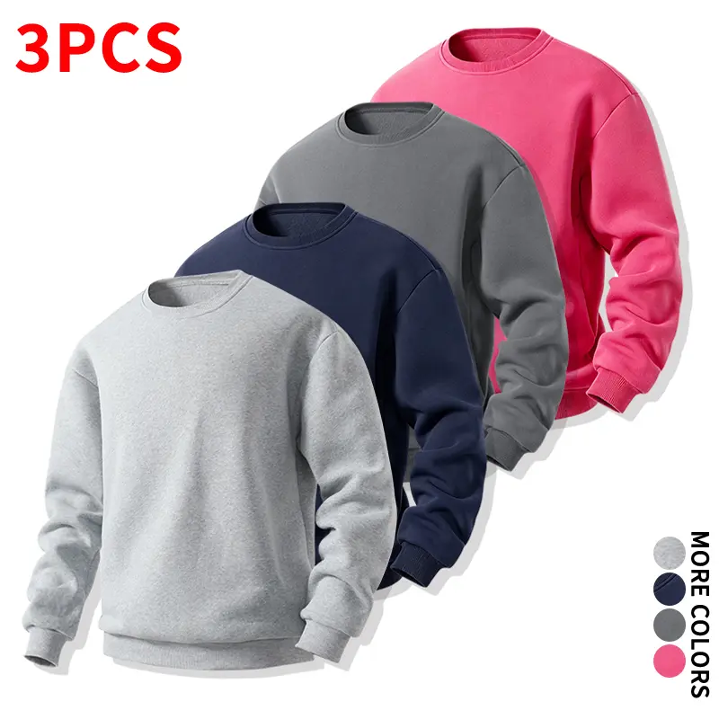 Multi-color clean design crewneck sweatshirt, 3-piece set — soft knit streetwear for outings, versatile loose long-sleeve tops for men and women