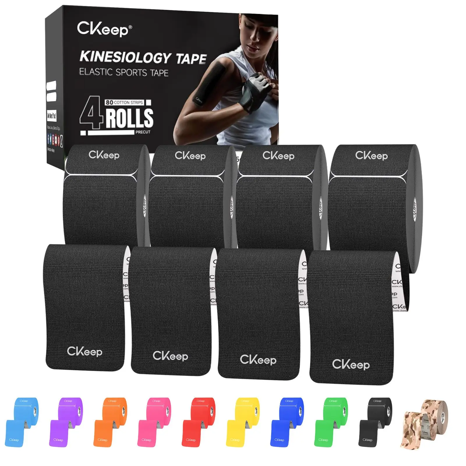 Kinesiology Tape - 4 Rolls (80 Precut 10" Strips), Breathable Latex-Free Cotton Elastic with Rounded Edge, Skin-Friendly Waterproof for Muscle Support, Injury Prevention, Breathable Sports Tape, Athletic, Recovery Sports Tapes
