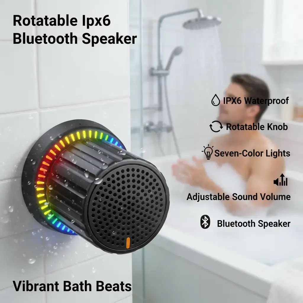 Portable Bluetooth Speaker - IPX6 Waterproof, Rotatable Volume Knob, 7-Color Lights, USB-C Audio Device, Portable Speakers for Bathroom Party Use