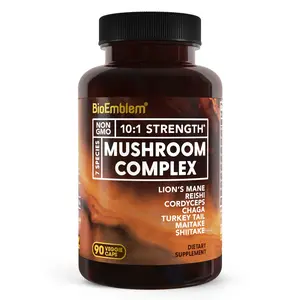 【BioEmblem】Mushroom Complex, 10x Strength with Lions Mane, Reishi, Cordyceps, Chaga, Maitake, Shiitake Mushroom for Immunity, Energy & Focus, Brain