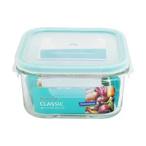 GLASSLOCK Korean Square Food Container, 490ml Borosilicate Glass Microwave Safe Fridge Storage Box, Airtight & Leakproof