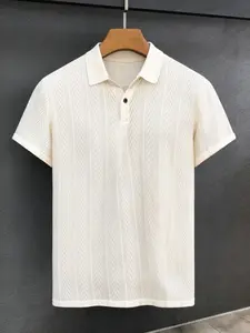 Men's Lightweight 100% Polyester Fiber Casual Shirt - Lined Collar Button, Breathable, Comfortable for All Seasons in Summer, Regular Version Office Casual Shirt | Striped Collar Design | Breathable Fabric | Polo Shirt