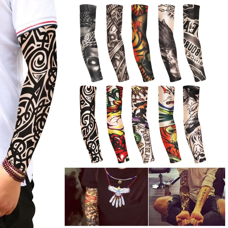10Pcs Tattoos Arm Sleeves - Outdoor Sun UV Protection Cover,Temporary Tattoo Cooling Arm Sleeves for Men Women for summer Running,Cycling,Fishing,Basketball