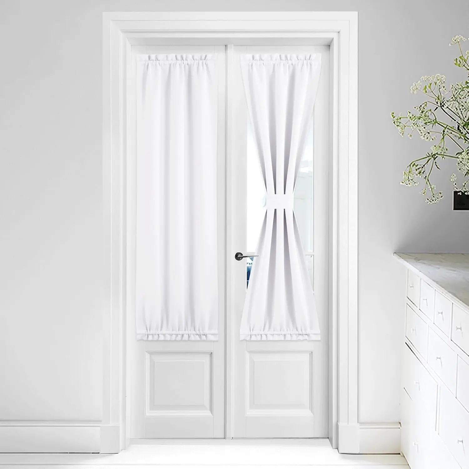 NICETOWN 1-Piece Thermal Blackout Curtain for Doorway - Insulated Privacy Home Decoration Curtain for French Doors, Window Decor, 25" W x 64" L Greyish White with Tieback, Blackout Curtains