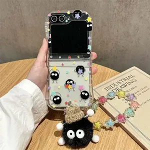 Plush Ball Pendant Phone Case For Samsung Galaxy Z Flip 7 6 5 4 Protective Back Cover For ZFlip5 ZFlip6 ZFlip7 Case Shell