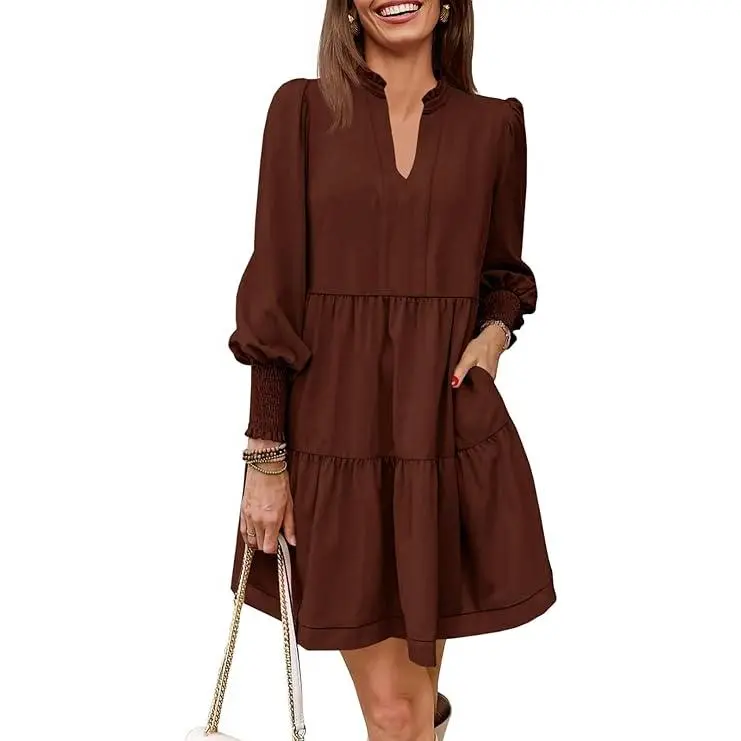 Wenrine Womens Fall Long Sleeve Tunic Dress Casual V Neck Loose Ruffle Tiered Dress