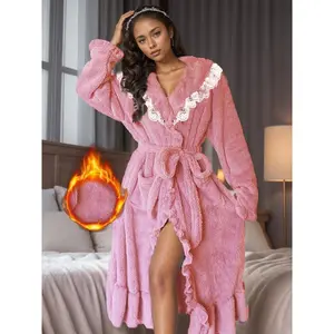 Women's Plush Fleece Court-Style Night  with Lace Trim & Adjustable Belt - Long Sleeve Cozy Winter Sleepwear, Machine Washable Elegant Home Lounge  for Adults, Flannel Nightgown, Indoor Comfort Wear robe