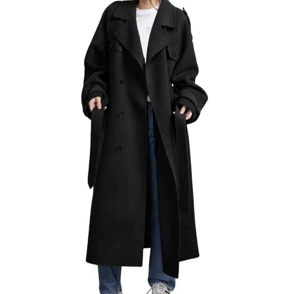 Chouyatou Women's Winter Wool-Blend Mid-Length Coat, Tops Style with Notched Lapel, Double-Breasted Long Sleeves, Belt-Strap Closure, Premium Matching Fabrics, Jackets,back to school,back to school shopping, Polyester