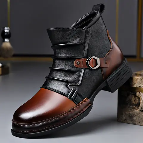Men's Fashion 2-Tone PU Leather High-Top Footwear Boots - Waterproof, Flat Heel, Zipper Closure, Chic, Elegant, All-Seasons Casual Walking Shoes