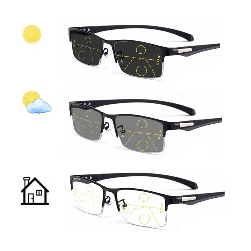 Unisex Adults' High-Quality Semi-Rimless Black Frames Eyewear - Black & Gold Stainless Steel, Photochromic Progressive Multifocus Blue Light Blocking Lenses, Non-Prescription Reading Glasses for Daily Use, Single Item