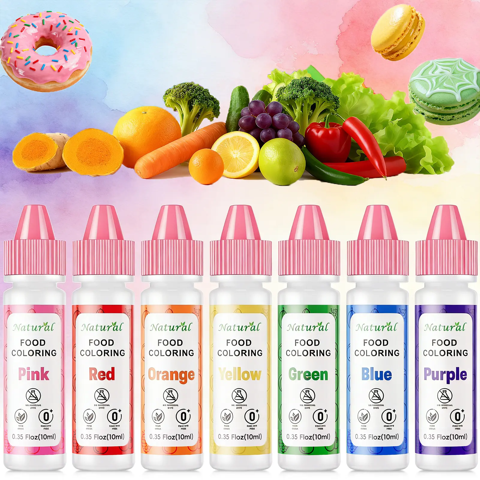 7-Color Food Coloring Kit 100% Natural 10ml / 0.35 fl oz/bottle Ultra-Bright, Vegan & Dye-Free for Cakes, Slime, Frosting & Easter Eggs Natural Liquid Food Coloring Set Bake Nata