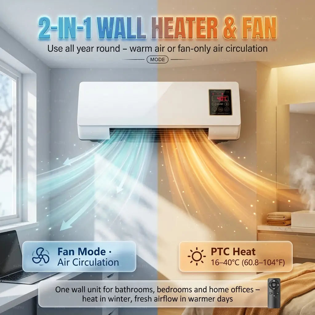 TAZTIR 2-in-1 Wall Heater & Fan, PTC Ceramic Electric Space Heater With Thermostat 60-104°F, Remote Control & 6H Timer, Space Saving Quiet Wall Mount Design, Instant Warmth For Bathroom Bedroom Dorm Office, Energy Efficient Winter Essential.