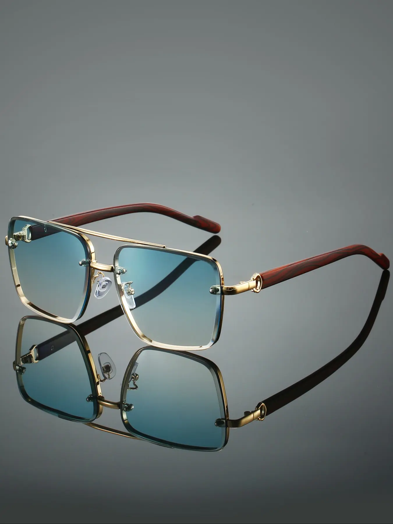 Men's New Full Frame Square Glasses, Retro Dual Bridge Design, Imitation Wood Texture Temples, Metal Frame, Classic Fashion Decorative Eyewear, Trendy Vintage Eyeglasses, Square Frames Eyeglasses, Fashionable Frames Glasses, Stylish Trendy Eyewear