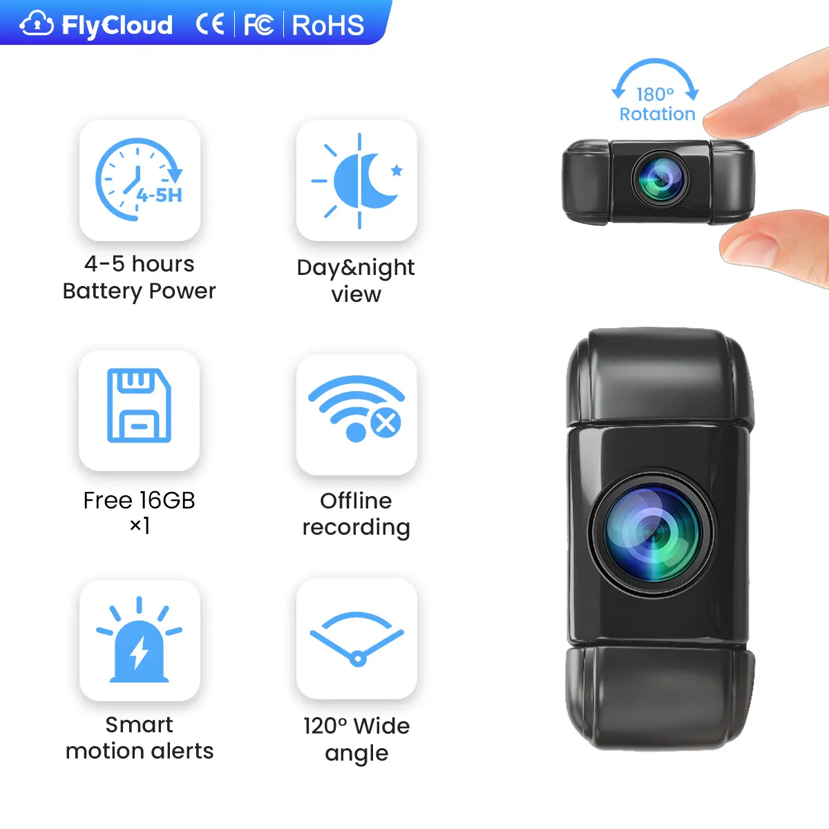 FlyCloud 7 Body Camera - 1080P HD, 1900mAh Battery, 180° Rotatable 120° Wide-Angle Lens, Smart Infrared Night Vision, Wi-Fi & Bluetooth, APP Control, AI Motion Detection, Free 16GB TF Card, Portable for Daily Vlogging & Pet Recording