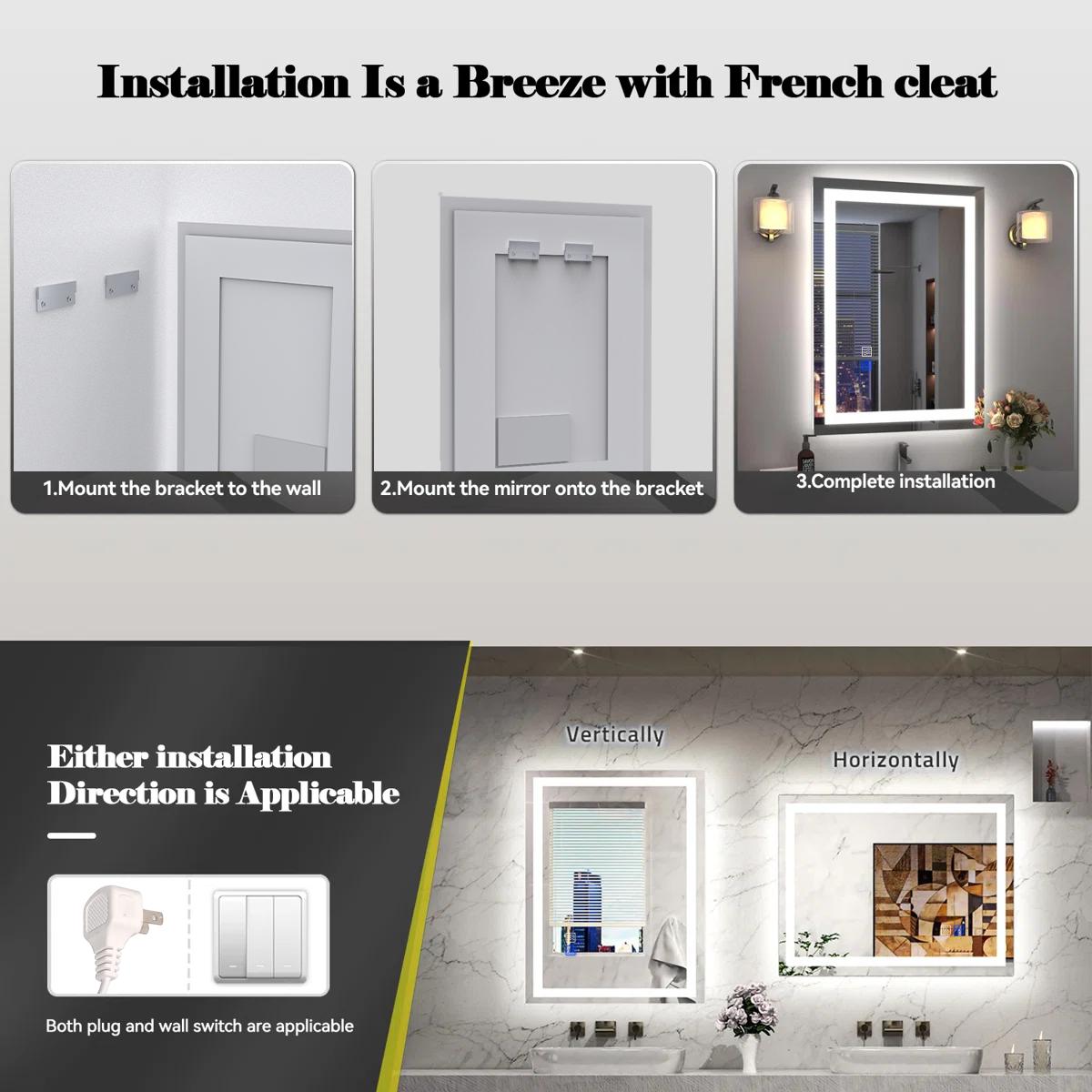 GLITGATE Bathroom Mirrors For Over Sink, Bathroom Vanity Mirror with LED Lights, Dimmable LED Bathroom Mirror with Edge Grinding, Double Touch Control, 3-Color Options, Anti-Fog, Memory, Wall Mounted (Horizontal/Vertical)