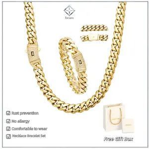 【Set】14K gold-plated Cuban necklace and bracelet combination set, new anti-rust technology, comfortable to wear and non-allergic. 6mm/8mm/10mm/12mm/14mm can be selected. Suitable for leisure, business, entertainment and any other occasions