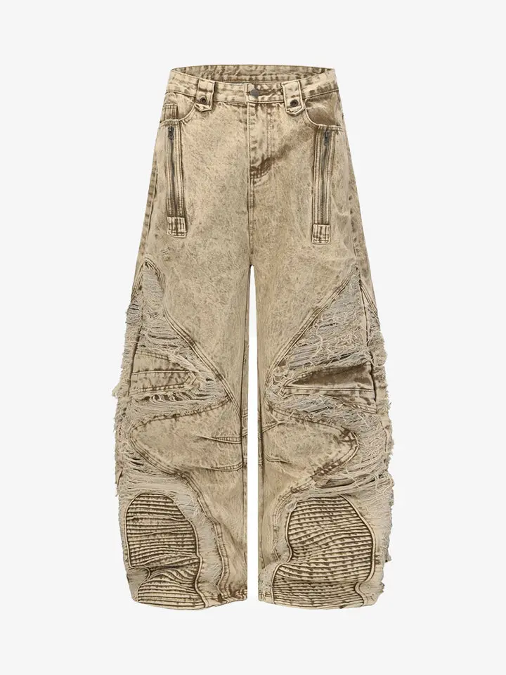 Thesupermade Men's High-Waist Ripped Wide-Leg Denim Pants - Distressed Raw-Edge Panel, Sculpted Fit, Ribbed Hem, Zipper, Fabric Drape, Pockets, Streetwear Menswear