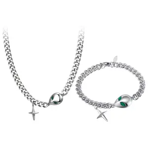 Space Alien Jewelry Set – Men Silver Italian Handmade Stainless Steel Bracelet Necklace Chain Futuristic Accessories Gift, Daily, Male summerwins,summerwins