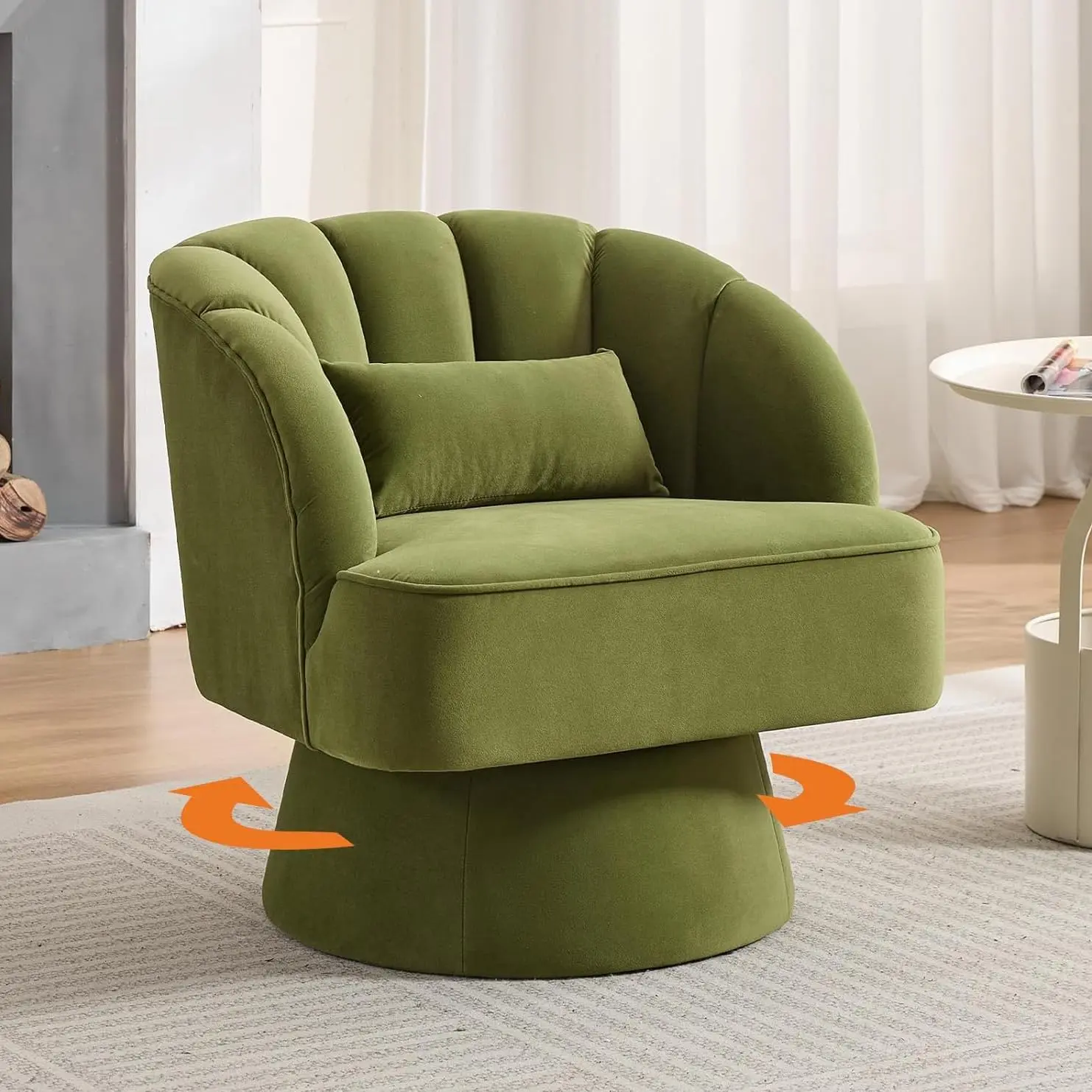 Sturdy Striped Velvet Green Swivel Accent Chair with Armrests, Modern 360-Degree Swivel Round Lounger with Curved Back & Cushion, Cozy Reading Chair, High-Class Aesthetic Indoor Seating for Living Room, Bedroom, Modern Fabric Chair