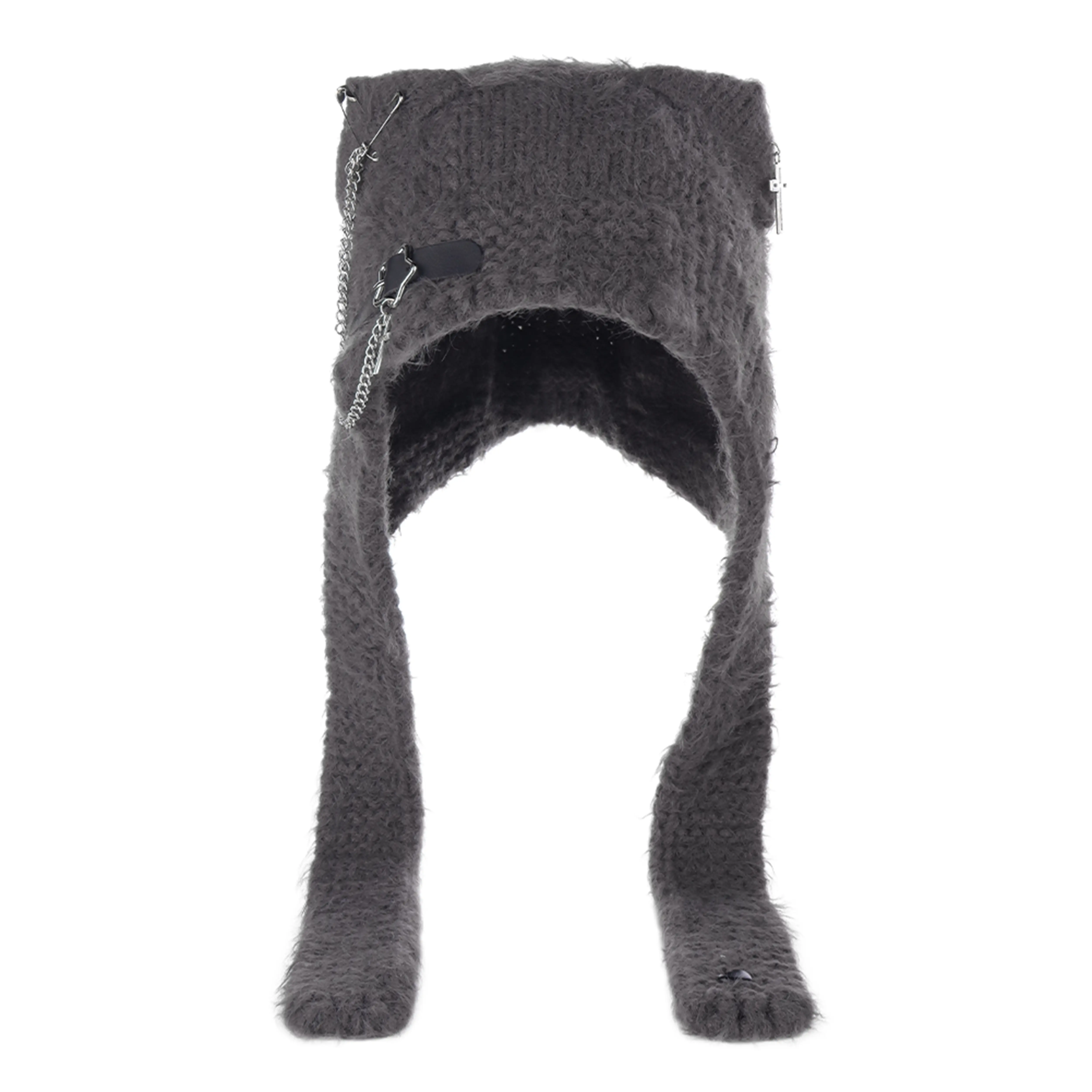 Gothic Harajuku Knit Hat – Y2K Punk Winter Beanie with Faux Fur Trim & Chain Detail