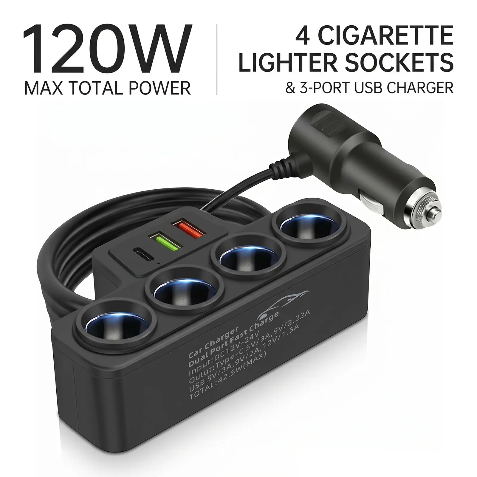 Multi-Function Cigarette Lighter Splitter, Cell Phone Car Charger, 4 Cigarette Lighter Sockets, 1 PD Fast Charger Port 2-Port USB Power Adapter for Cell Phones Adapter