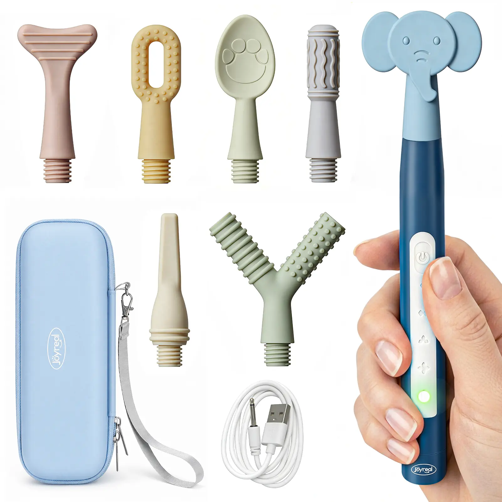 Joyreal Rechargeable SensoryBuzz Oral Motor Vibration Kit with 7 Textured Silicone Heads - 4 Modes Vibrating Teether Autism Sensory Products for Speech Therapy, Stimulate Self Feeding, Sensory Needs