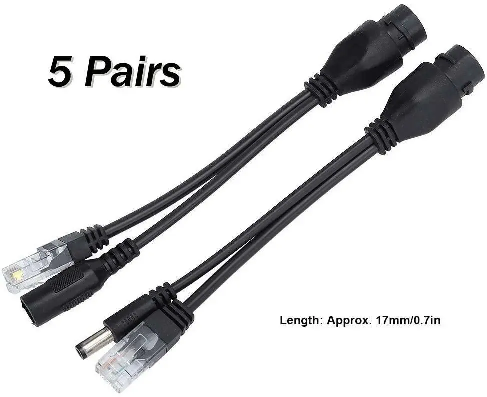 5 Pairs Passive Power over Ethernet PoE Kit Injector & Splitter Set for IP Camera Router Modem Switch 50V 30-40M Transmission Range Universal Brand Compatibility