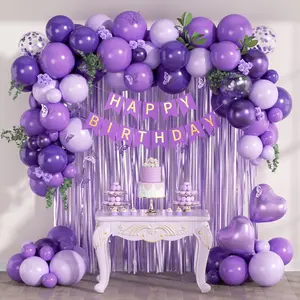 Purple Birthday Set for Women, Metallic Confetti Balloons, Fringe Curtain & Banner for Parties