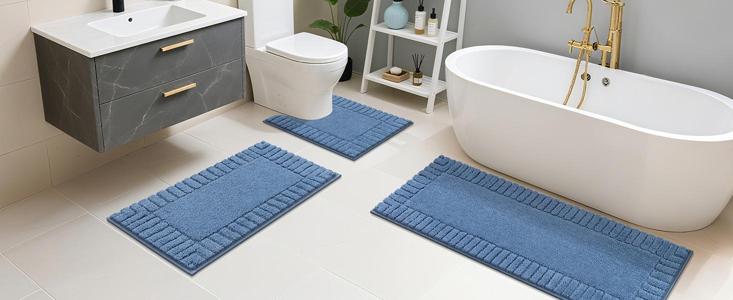 [SpringGlowUp] HEBE Bathroom Rugs Sets 3 Piece Bathroom Shower Rugs with U-Shaped Contour Toilet Mat Absorbent Microfiber Plush Bath Mats Non Slip Bath Rugs Machine Washable Shaggy Bath Mat Set