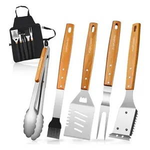 PURPLEBIRD Grill Utensils Set with Brush - 5pcs Grilling Tools Set with Bag Apron, Long Wood Handle, Stainless Grilling Accessories for Outdoor Grill
